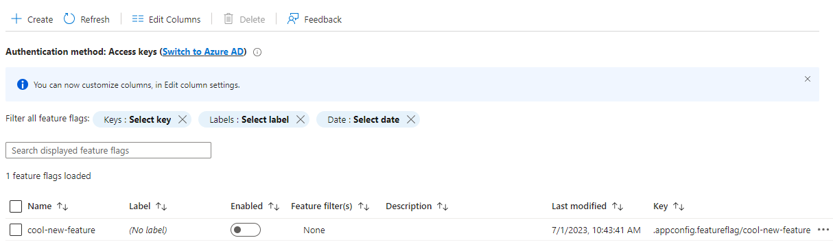 Screenshot of the Azure Portal that shows the feature manager page after cool-new-feature has been created.