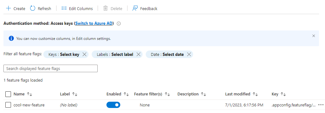 Screenshot of the Azure Portal that shows the feature manager page after cool-new-feature has been toggled to be enabled.