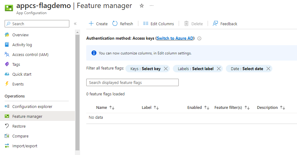 Screenshot of the Azure Portal that shows the Feature Manager after permissions have propagated.